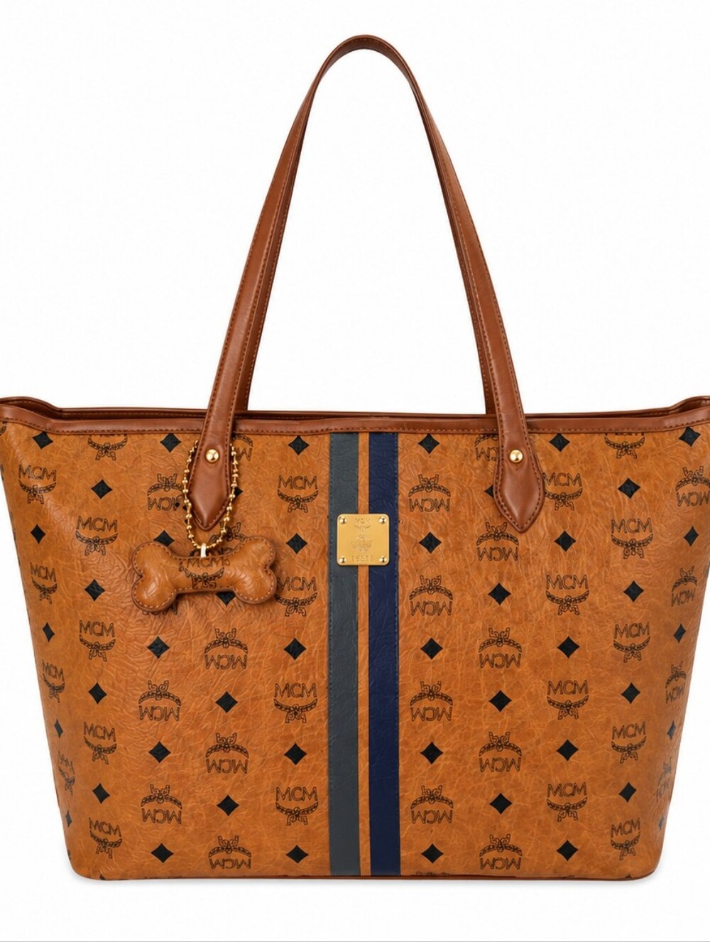 MCM Cognac Visetos Monogram Tote Bag Canvas Shoulder Bag Dog Bone Charm
